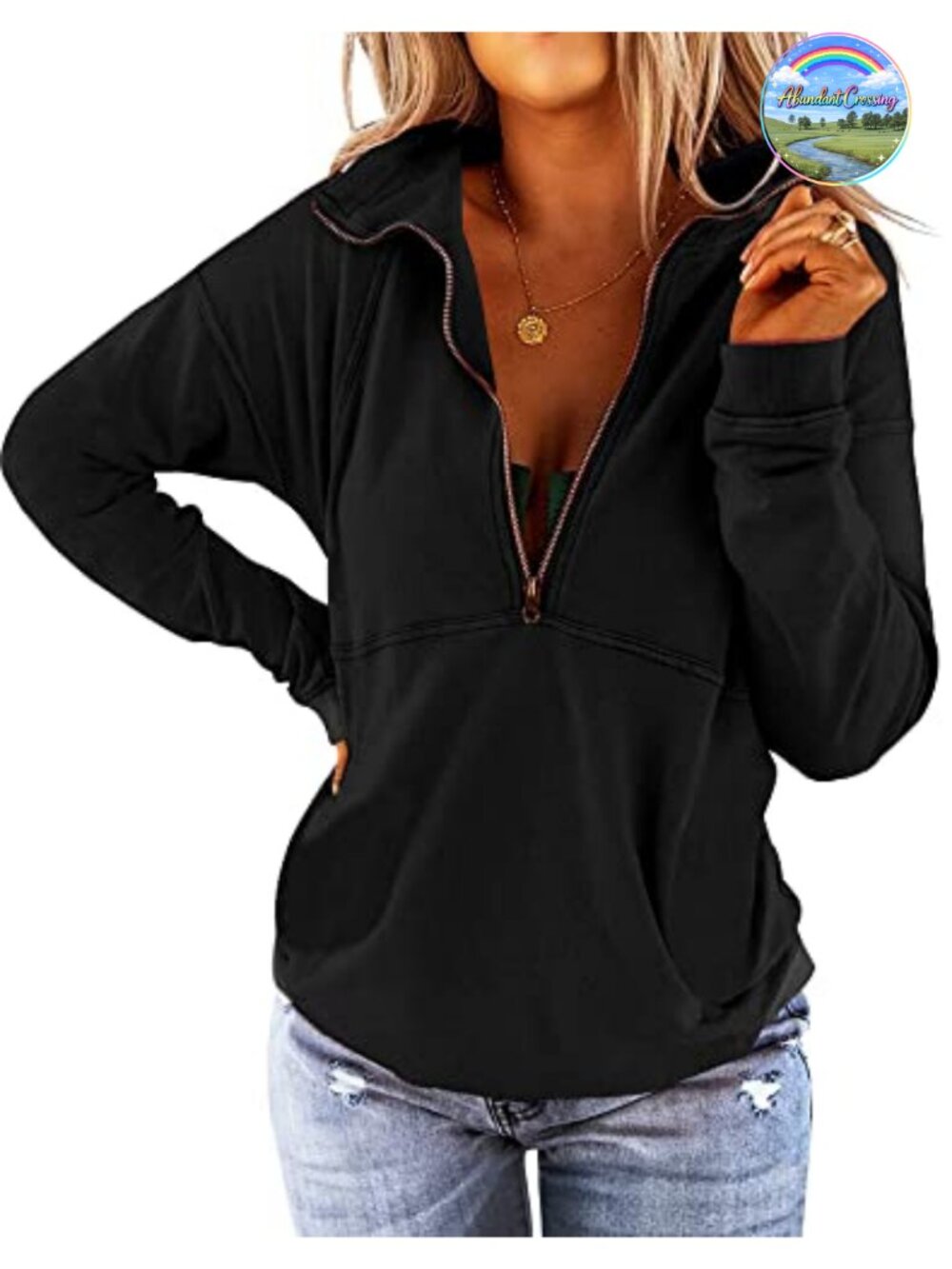 Women's Long Sleeve Half Zip Sweatshirt Collared Pullover Loose Fit Casual Top